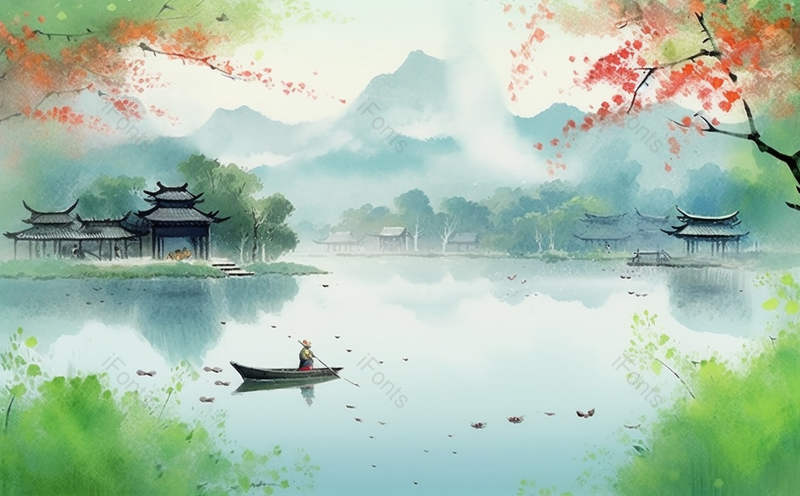 中国风水墨画划船亭台楼阁山水风景创意插画,插画/手绘图,插画/手绘图库,插画/手绘图下载,插画/手绘